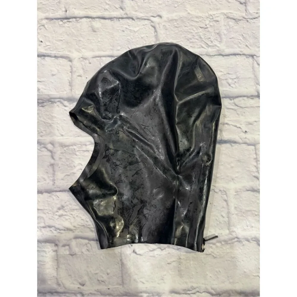 Latex hood open mouth face black size small bdsm fetish rear zipper excellent co